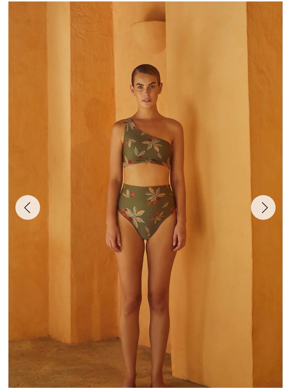 One-Shoulder High-Waist Floral Bikini in Olive